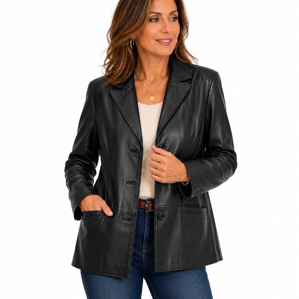 Leather Clio II Black Genuine Leather Blazer Jacket Size 16 Button Front Career